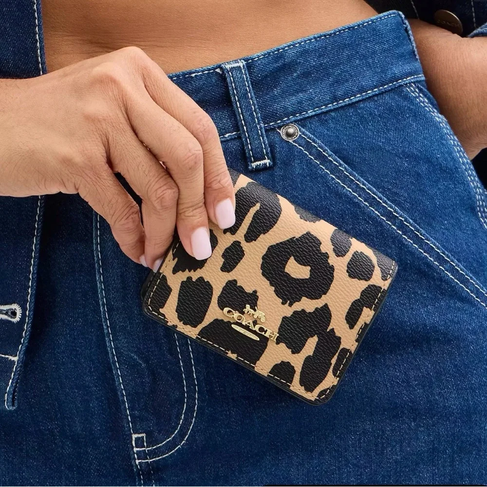 Coach Leopard Print Mini Crossbody in Beige and Black with Gold Chain